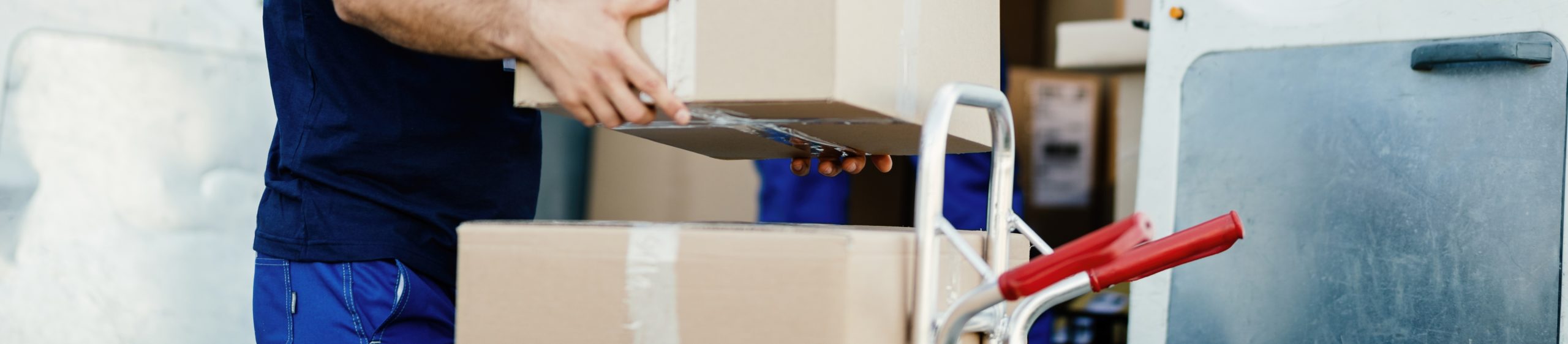 Young courier and his colleague unloading cardboard boxes from delivery van.